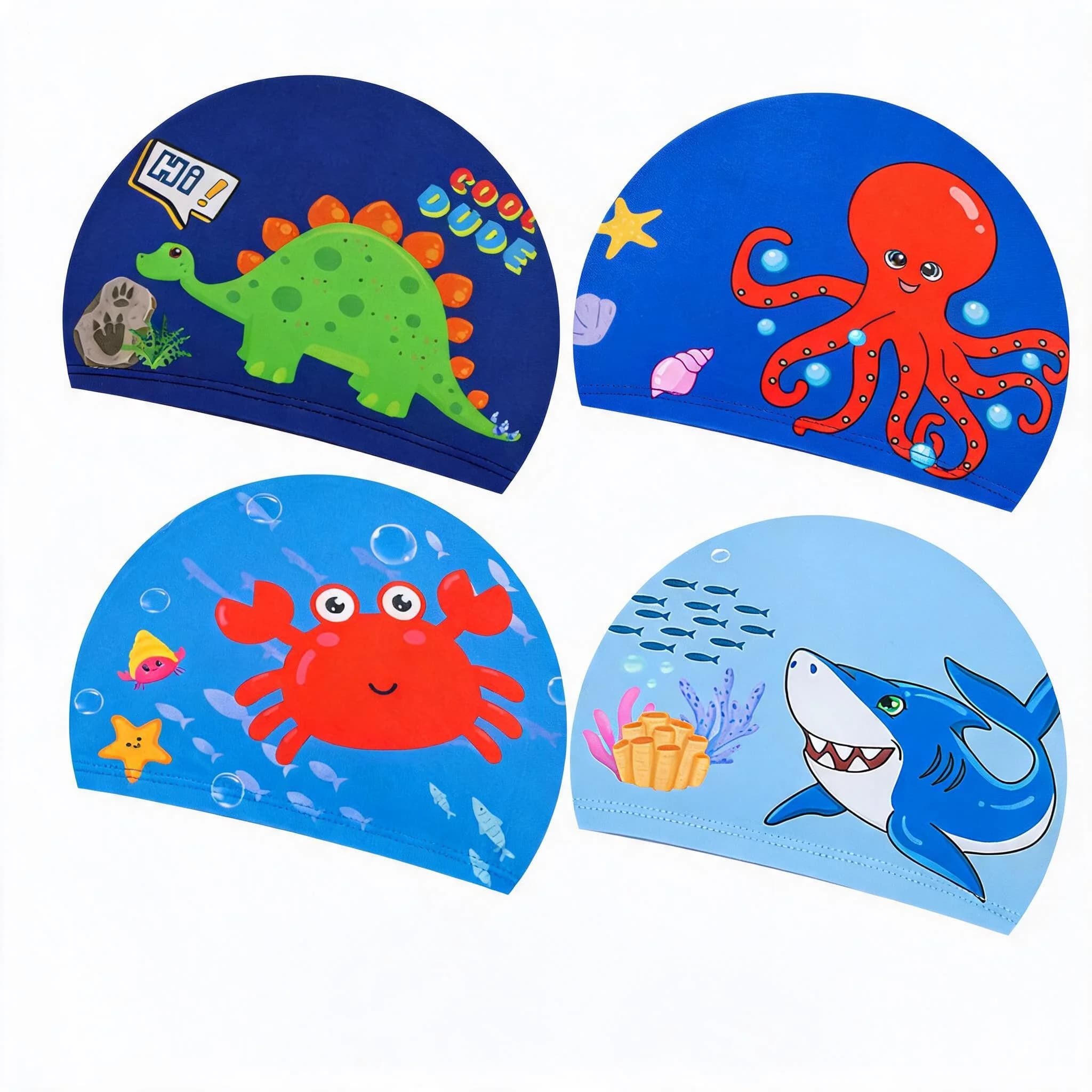 Cuffie da bagno per bambini con animali dei cartoni animati, 4 pezzi/set, ad asciugatura rapida, in poliestere e nylon, elastiche, per ragazzi e ragazze