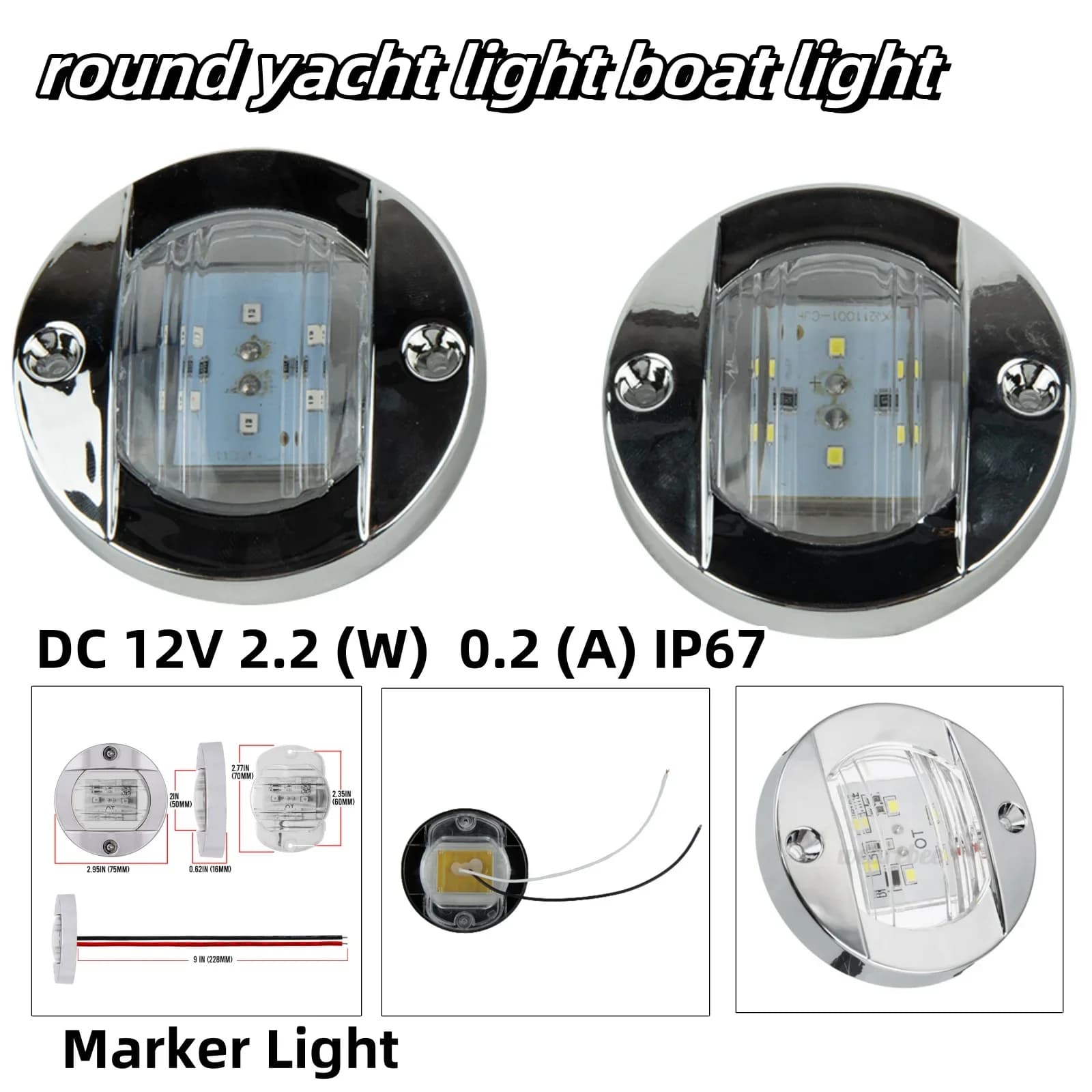 Luce di navigazione per ancoraggio poppa a LED rotonda da 2,95 pollici per montaggio su poppa, luci marine per barche impermeabili