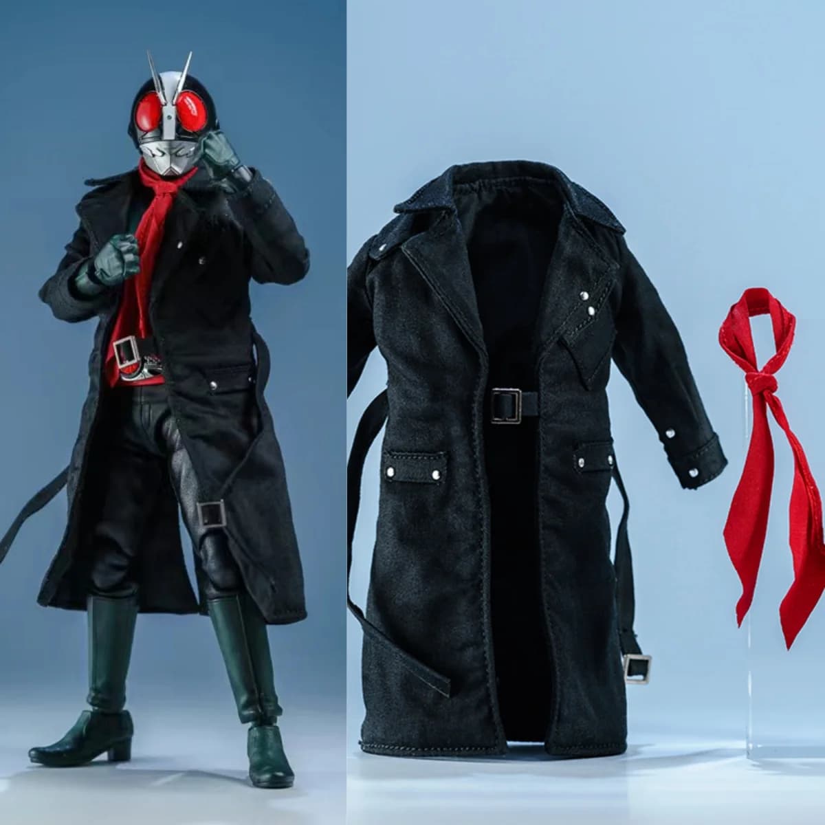 Trench da guerriero giapponese classico n. 2 fatto a mano in scala 1/12 con doppio mantello con sciarpe rosse per action figure da 6 pollici