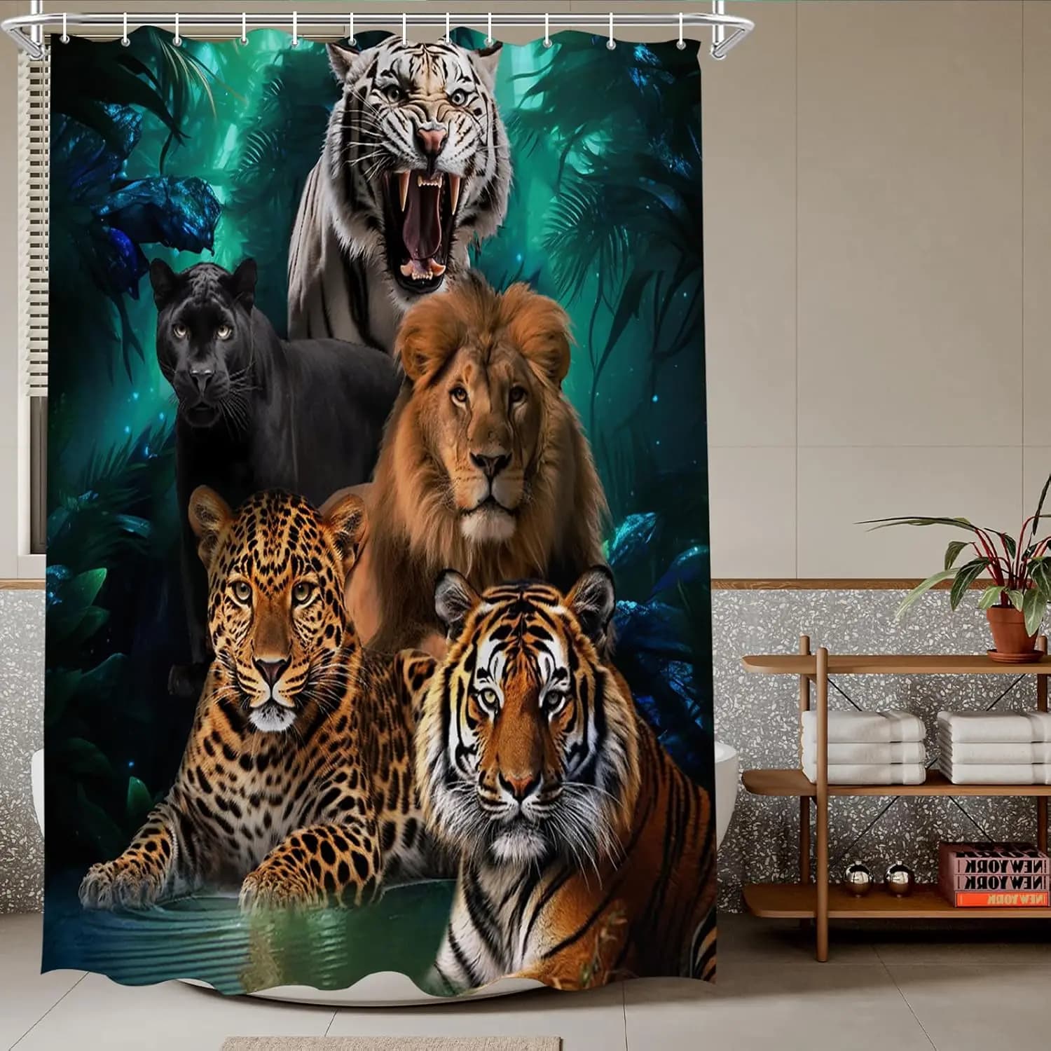 Tenda da Doccia con Animali Selvatici, Leopardo, Leone, Tigre, Pantera, Predatori, Natura, Fauna Selvatica, Decorazione per Bagno con Ganci