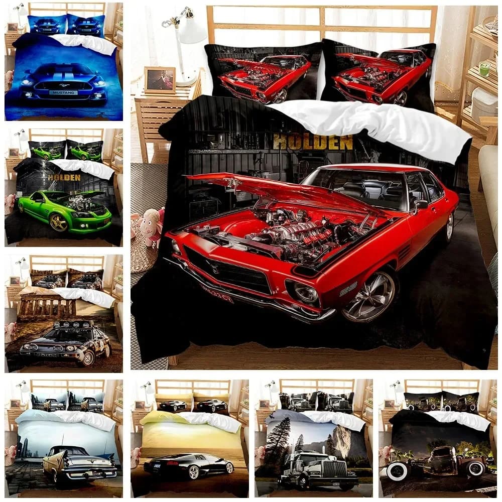 Set of vintage duvet cover Set of 50's nostalgic bed linen for automakers for vintage cars Twin Queen King Full polyester cover