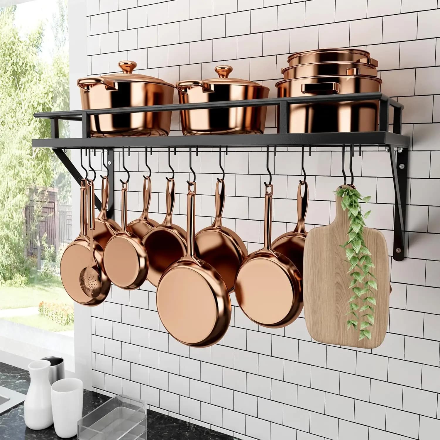 Portapentole da cucina da parete da 30 pollici con ganci, scaffale organizer in nero opaco