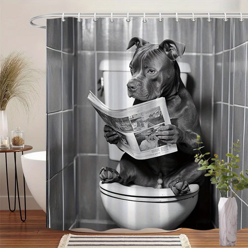 Funny Dog Shower Curtain Pitbull Reading Newspaper Waterproof Fabric Bathroom Curtains Humorous Animal Bath Screen Decor With