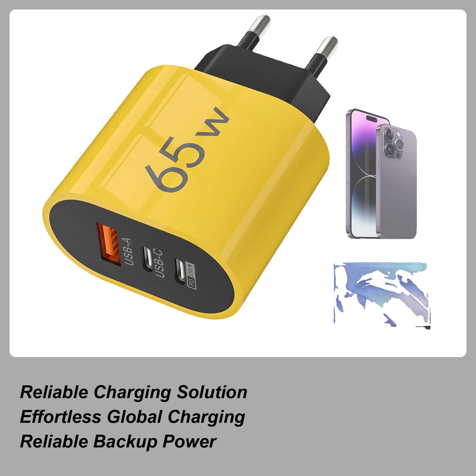 Caricatore da parete 65W a 3 porte con protezione da sovraccarico, adattatore USB A, caricatore per viaggi, interni, esterni, casa, camera da letto