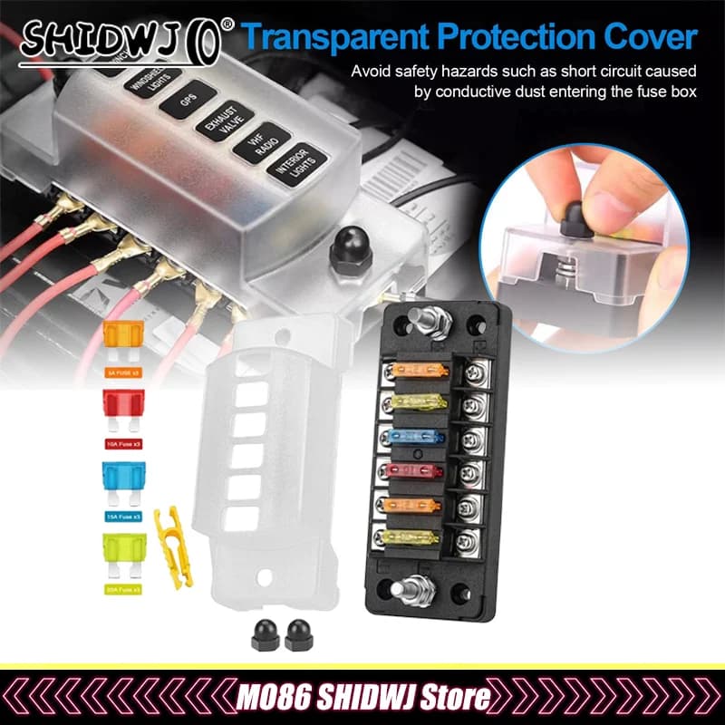 Portafusibili per auto a 6 vie con sbarra collettrice negativa Portafusibili a lama 12V ATC/ATO Etichetta adesiva per scatola fusibili standard Copertura impermeabile