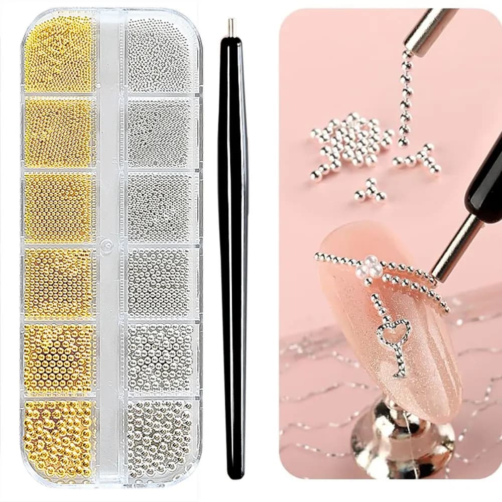12 Griglia Oro/Argento Mini Perline di Caviale Decorazioni per Nail Art Micro Sfere in Metallo Fascino per Unghie con Penna Magnetica 3D Mini Caviar Gemma per Unghie