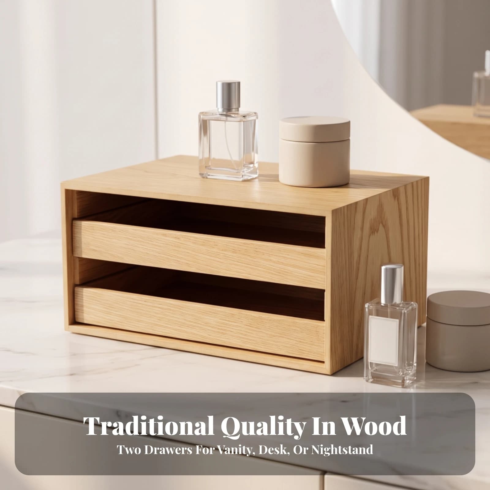 Wooden Desktop Storage Box with Drawers Sturdy Desk Organizer with Drawers Wood Desktop Organizer Natural for Vanity, Office
