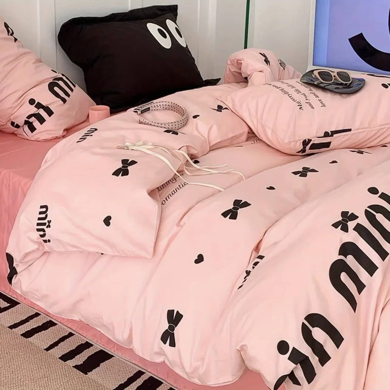 Bed linen set with black bow Ins Set duvet with flat sheet for pink bed Floral cover for girls Twin Full Queen Princess Style