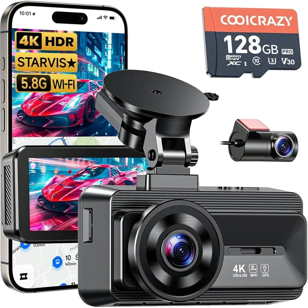 Dash Cam Dual 4K with STARVIS Sensor, 128GB Card, 5GHz Wi-Fi, GPS, G-Sensor, Superior Night Vision, 24H Parking Monitor