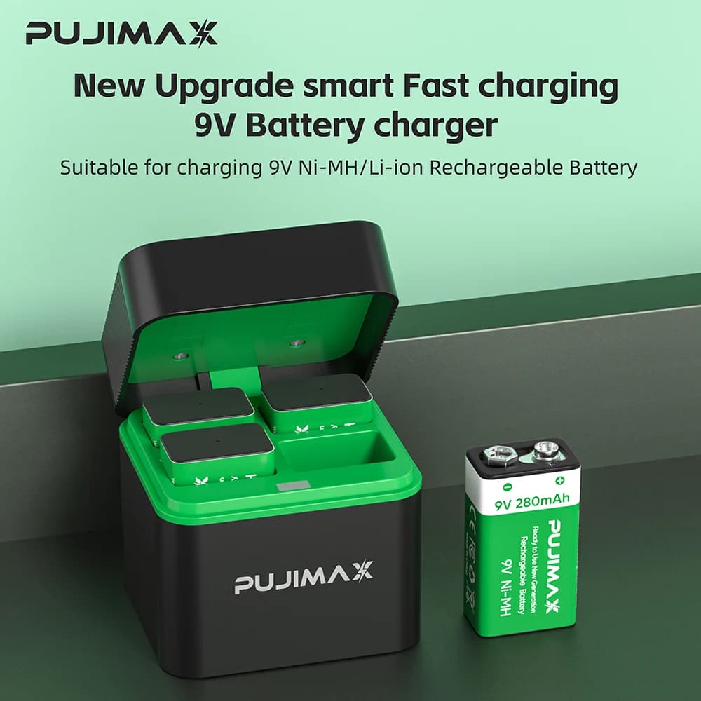 Batteria ricaricabile PUJIMAX 9V Ni-MH con caricatore a 4 slot Batterie da 280mAh per chitarra, microfono, rilevatore di fumo, multimetro
