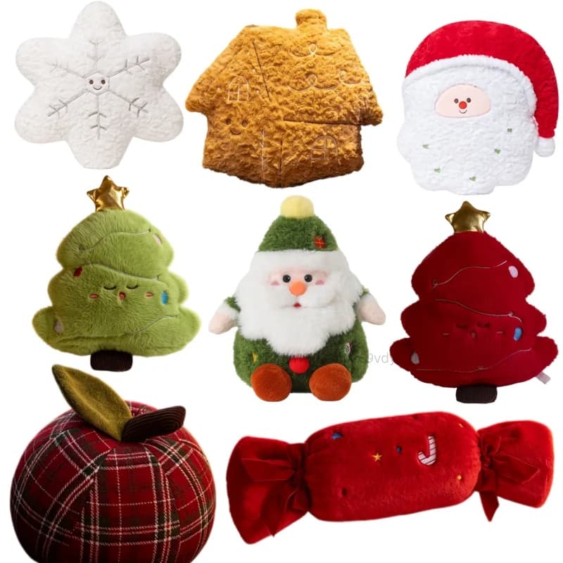 Christmas Themed Plush Throw Pillow Set Cute Soft Stuffed Candle Gingerbread House Snowflake Wreath Santa Claus Xmas Gifts