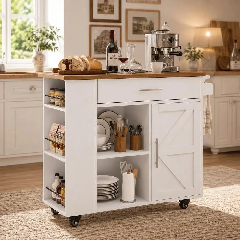 39 Mobile Kitchen Island with Storage, 3-Tier Spice Rack, Adjustable Shelf, and Towel Bar, White
