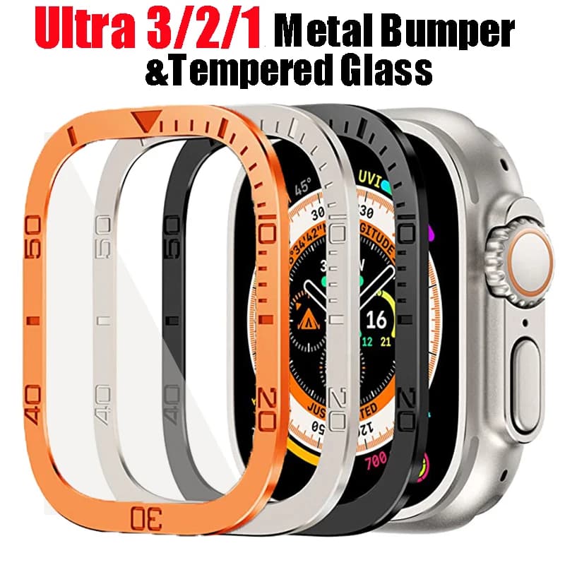 Proteggi schermo per Apple Watch Ultra 49mm Custodia Accessori Telaio di copertura in metallo + vetro temperato per iWatch Ultra 3 Anello lunetta da 49mm