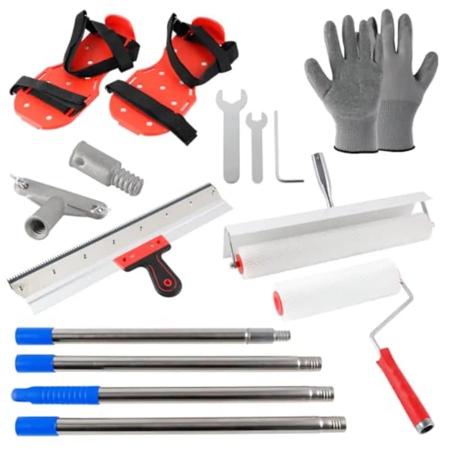 Kit di Strumenti per Pavimenti in Resina Epossidica Autolivellante con Rullo Chiodato da 20 Pollici, Spatola per Resina Epossidica da 22 Pollici, Rullo Anti-Bolle da 9 Pollici, Aste di Prolunga e Rullo Chiodato
