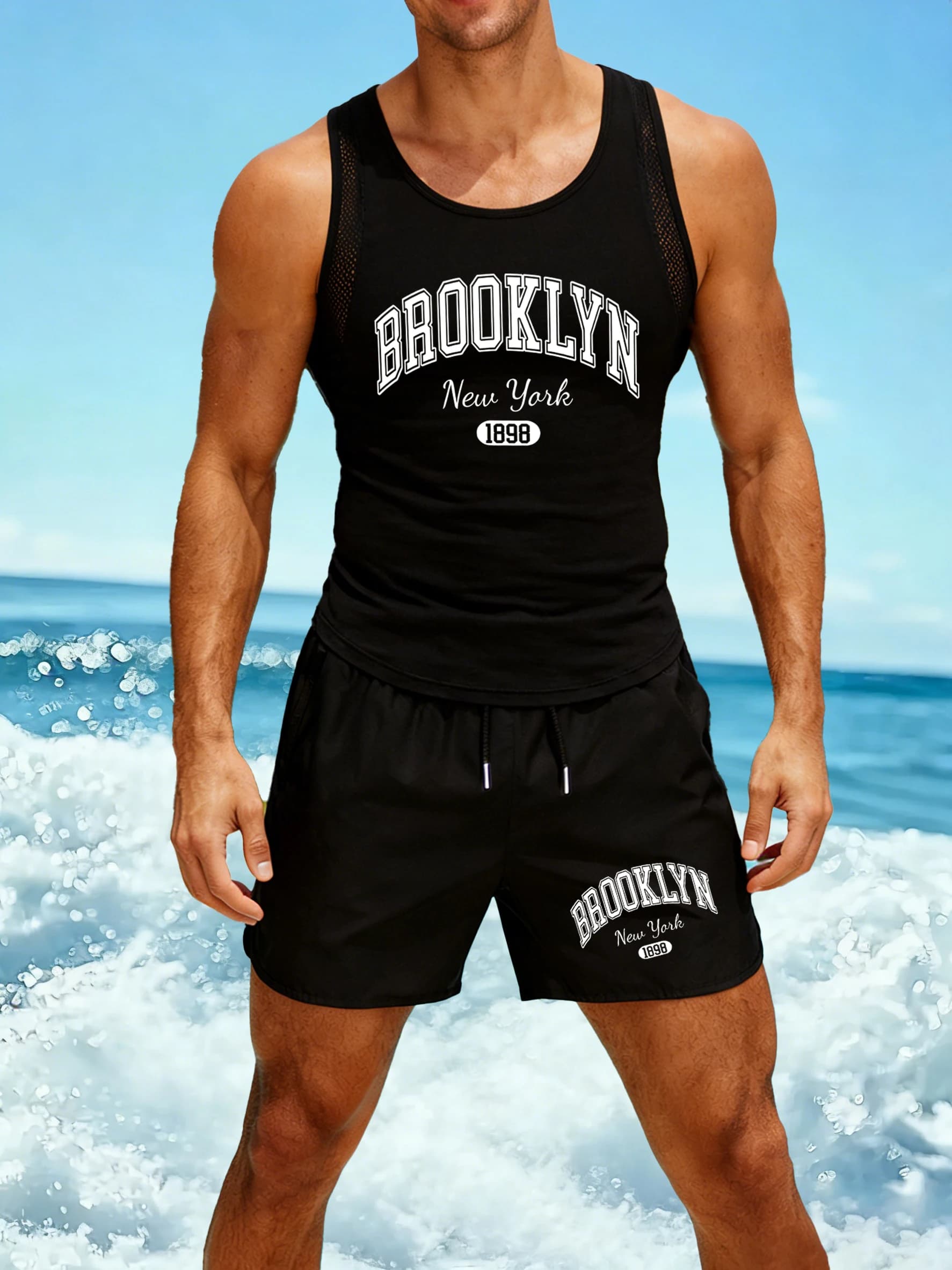 Complete Men's Straight Vest with Pattern Brooklyn New York, Vintage Fashion Summer Shorts, New Unisex Soft Clothing with Neckline O