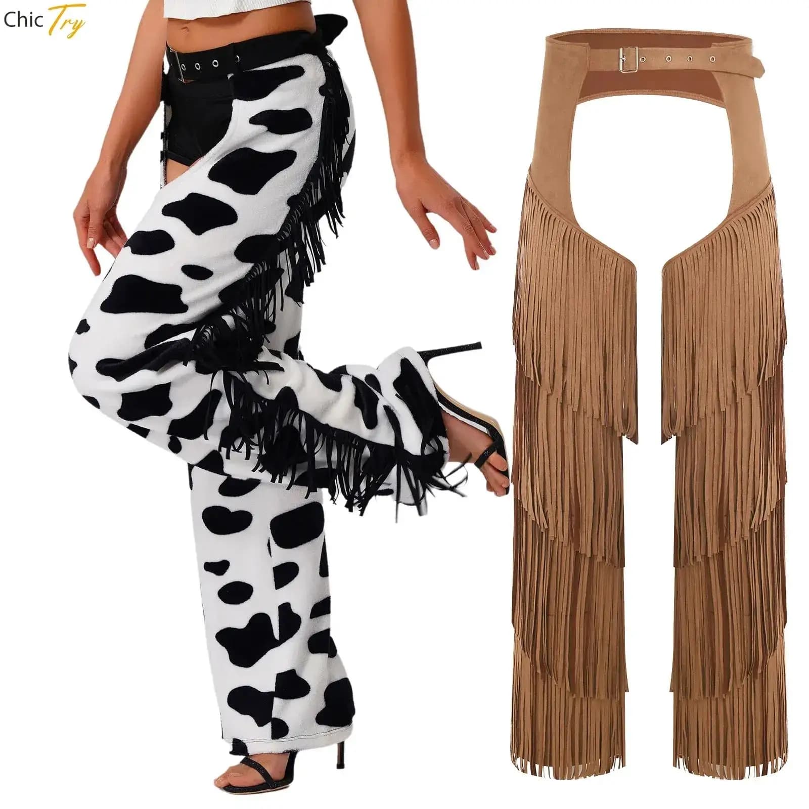 Pantaloni da donna in flanella con macchie di mucca Costume da cowboy di Halloween Chaps Costume cosplay con cavallo aperto Pantaloni da cowgirl Nappa laterale per andare in bicicletta