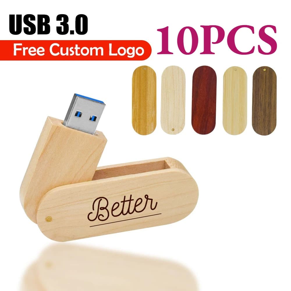 10 Pezzi Chiavetta USB 3.0 Girevole in Legno, Memoria Flash 4GB 8GB 16GB 32GB 64GB 128GB, Creativa con Logo Personalizzabile Gratuito