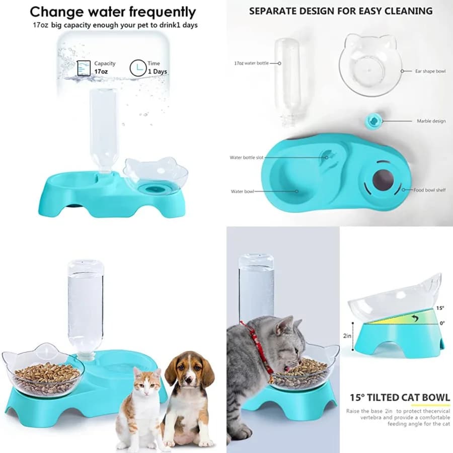 Ciotole Doppie per Cani e Gatti - Set di Ciotole Inclinabili per Acqua e Cibo, Set di Ciotole Inclinabili per Acqua e Cibo con Bottiglia Automatica per Piccoli Animali