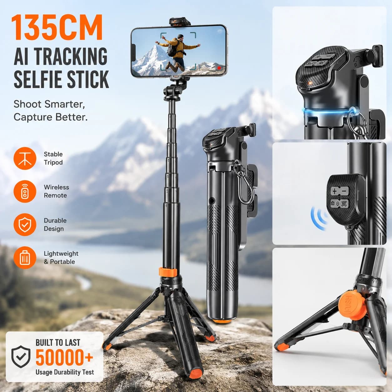 T35 135cm Smart Zoom Selfie Stick Tripod, Auto Open with Bluetooth Remote for Phone Vlog Live
