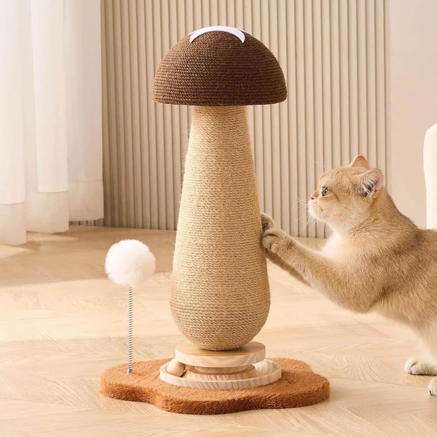 Tiragraffi per Gatti a Forma di Fungo, Albero per Gatti, 54,6 cm di Altezza, Simpatico Tiragraffi a Torre con Giocattolo Girevole in Legno Massello Resistente, a Forma di Ghianda