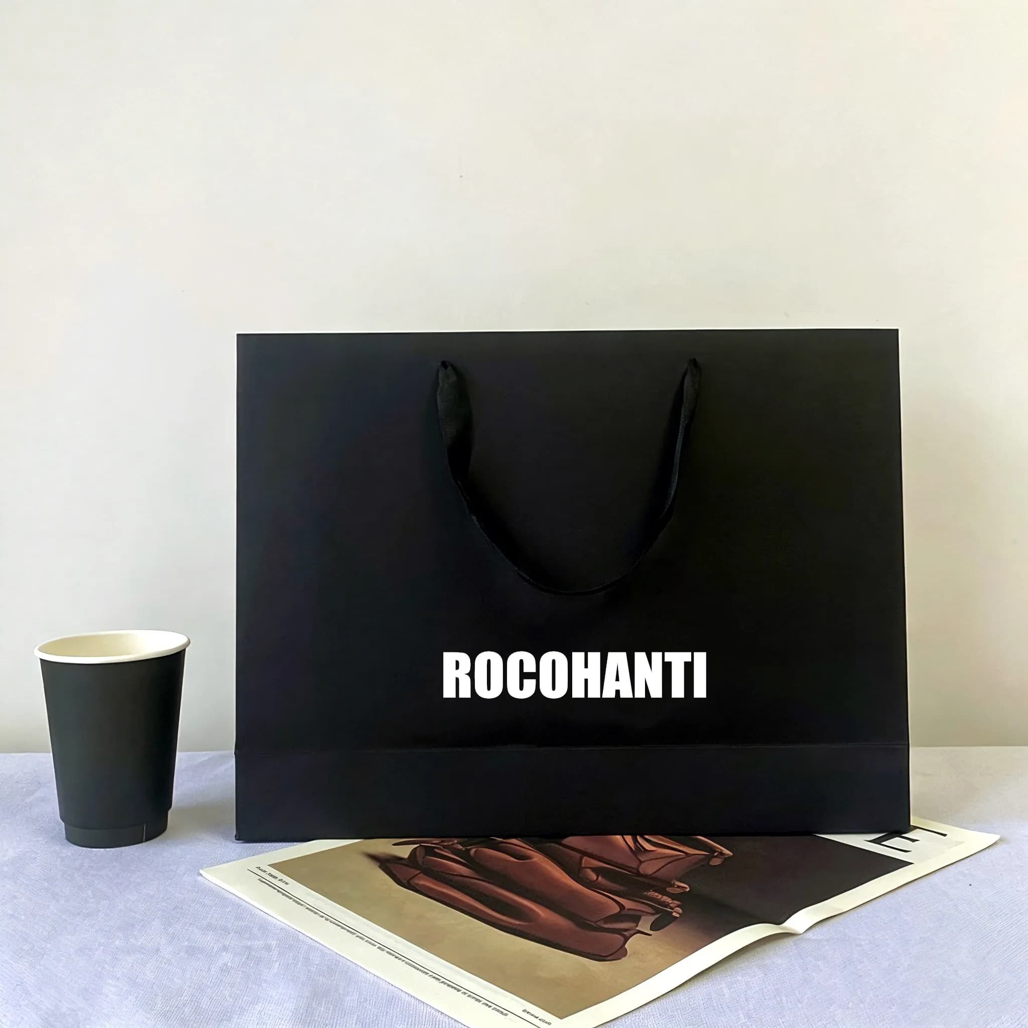 50pcs Recyclable Black Shopping Paper Bag With Handles Custom Printed Your Own logo Gift Shoe Clothing Packaging Paper Bag