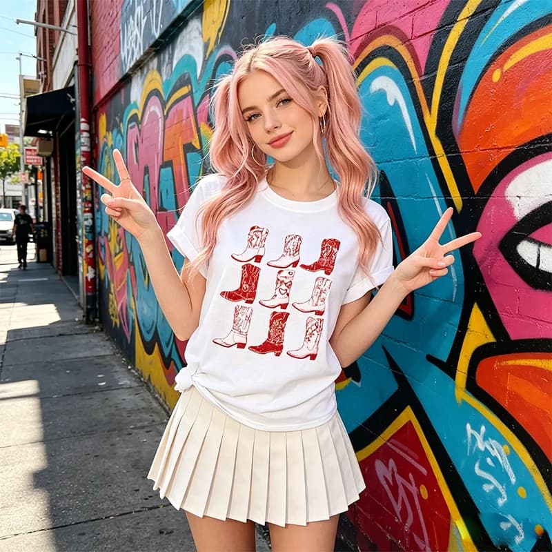 Casual Cotton Breathable Top Summer Round Neck Boho T-shirt Women's Retro Trendy Y2k Style New Boot Graphic Printed Short Sleeve