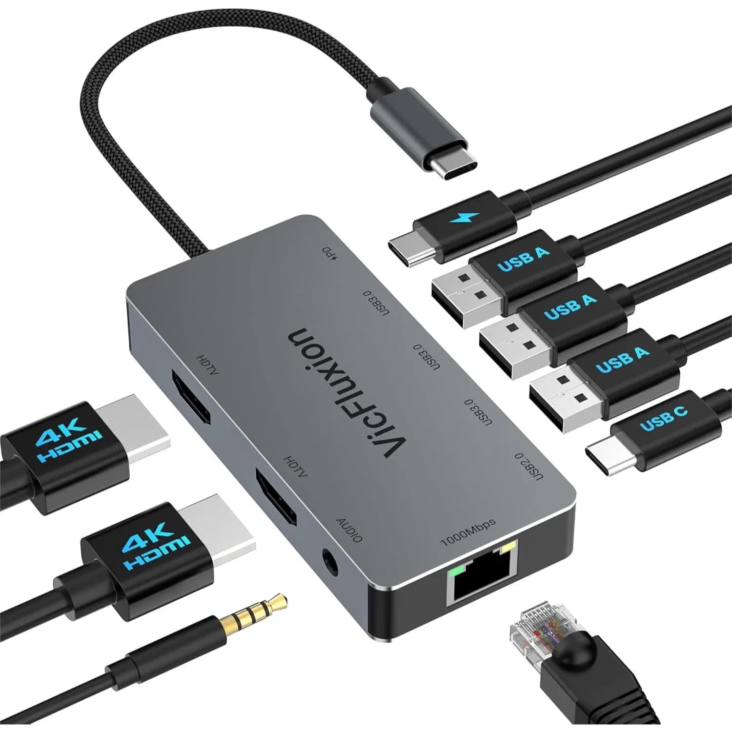 Docking Station USB C per Doppio Monitor, Hub USB 9-in-1 con 2 HDMI 4K@60Hz, Ethernet, USB 3.0, Ricarica PD per Laptop e Altro