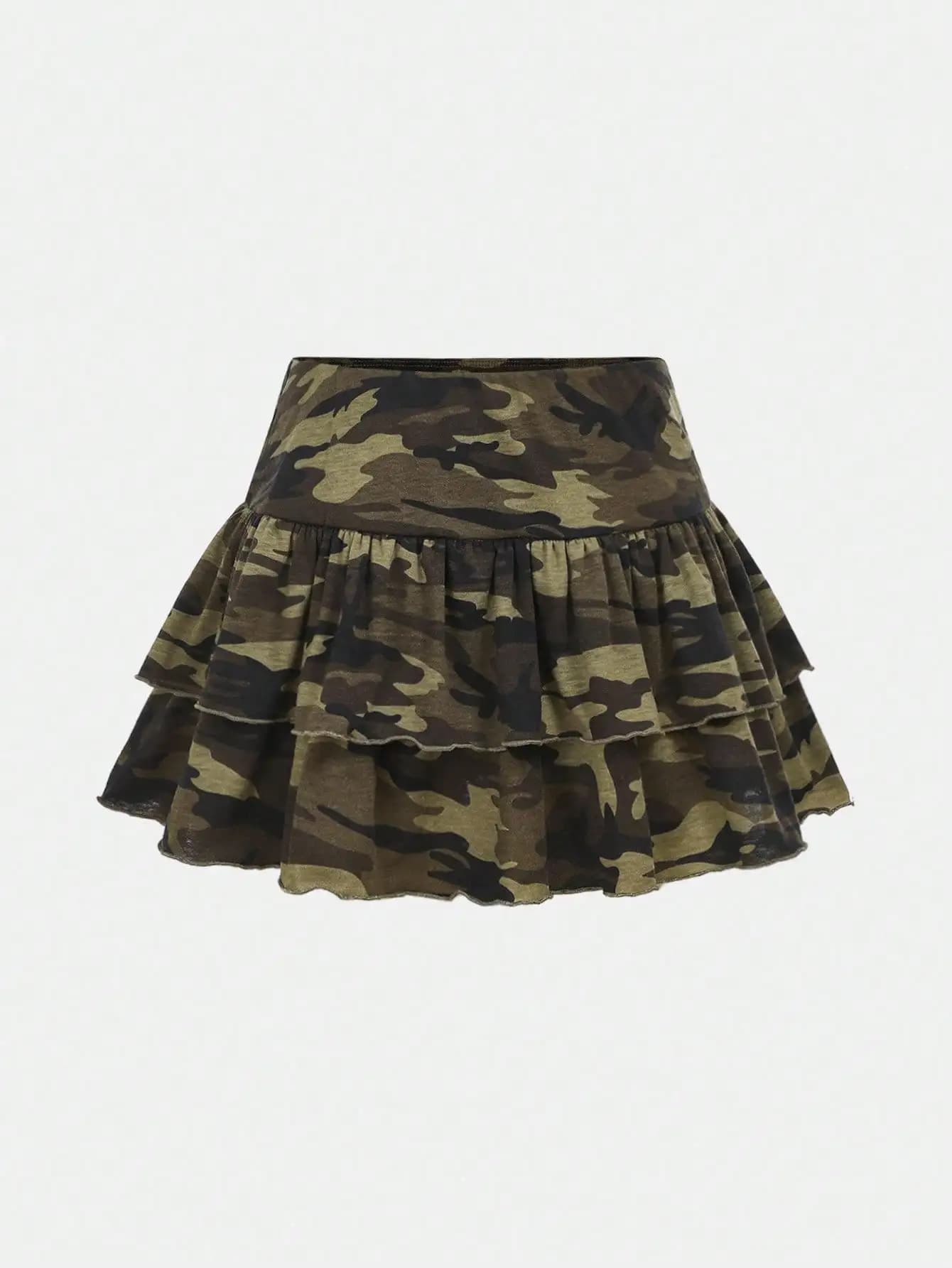 Gonna a balze con stampa mimetica per ragazze - Motivo verde militare, maglia leggera, stile casual streetwear