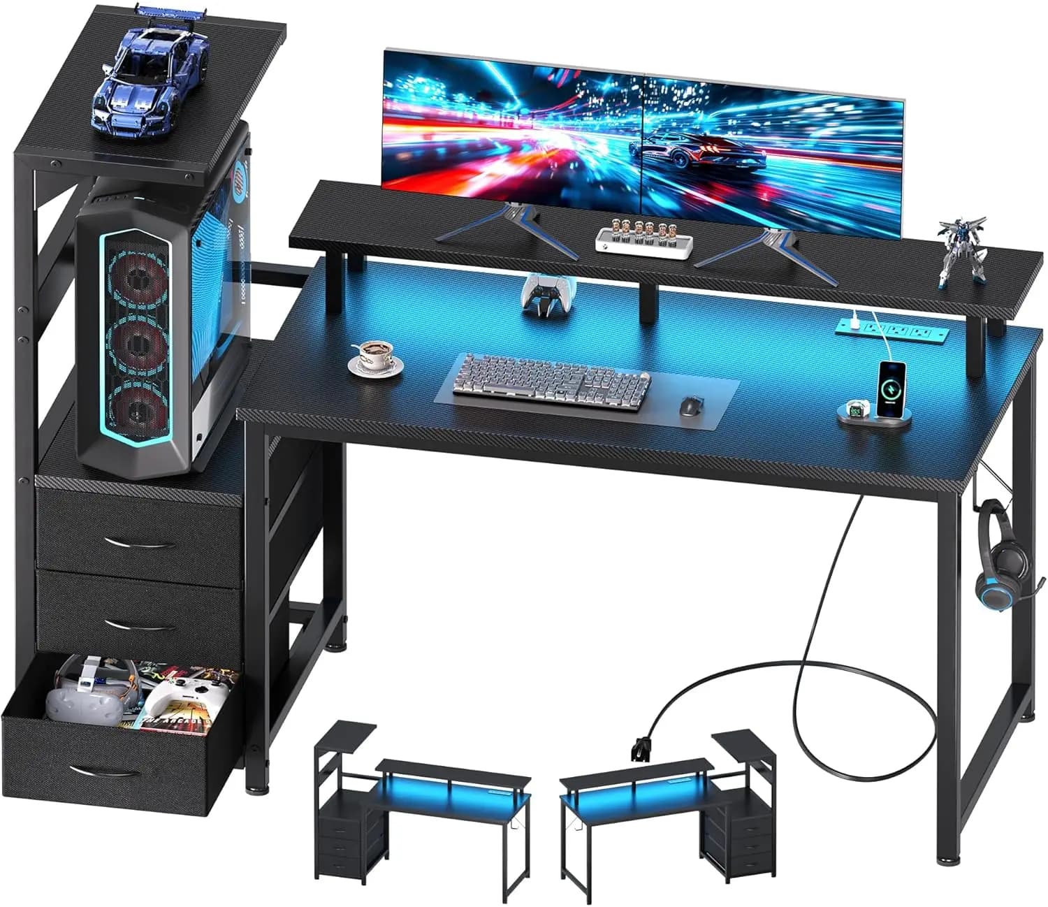Scrivania da Gaming a L da 52'' con Scaffali, Cassetti, Luci LED e Prese di Corrente, Tavolo da Ufficio in Legno Nero per Configurazione a Doppio Monitor
