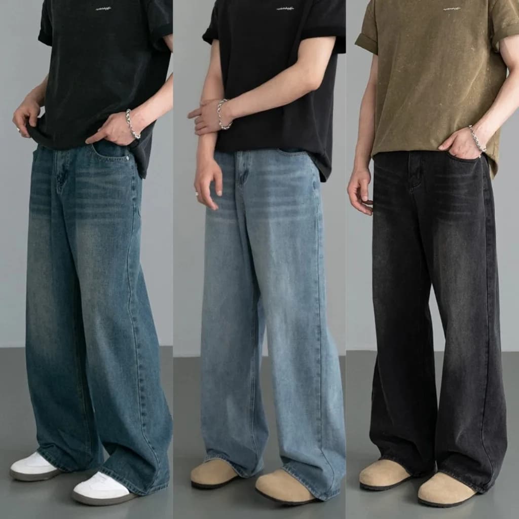 Nuovi pantaloni in denim da uomo primavera autunno Jeans casual lavati blu vecchio Abbigliamento da uomo Pantaloni larghi a gamba larga di colore a contrasto di nuova moda