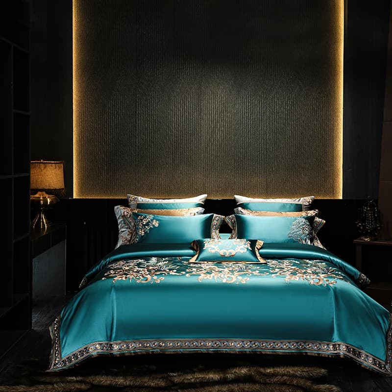 Verde Europeo Aristocratico Vintage Broccato Cotone Egiziano Oro Ricamato Set di biancheria da letto di lusso Copripiumino Biancheria da letto Copriletto