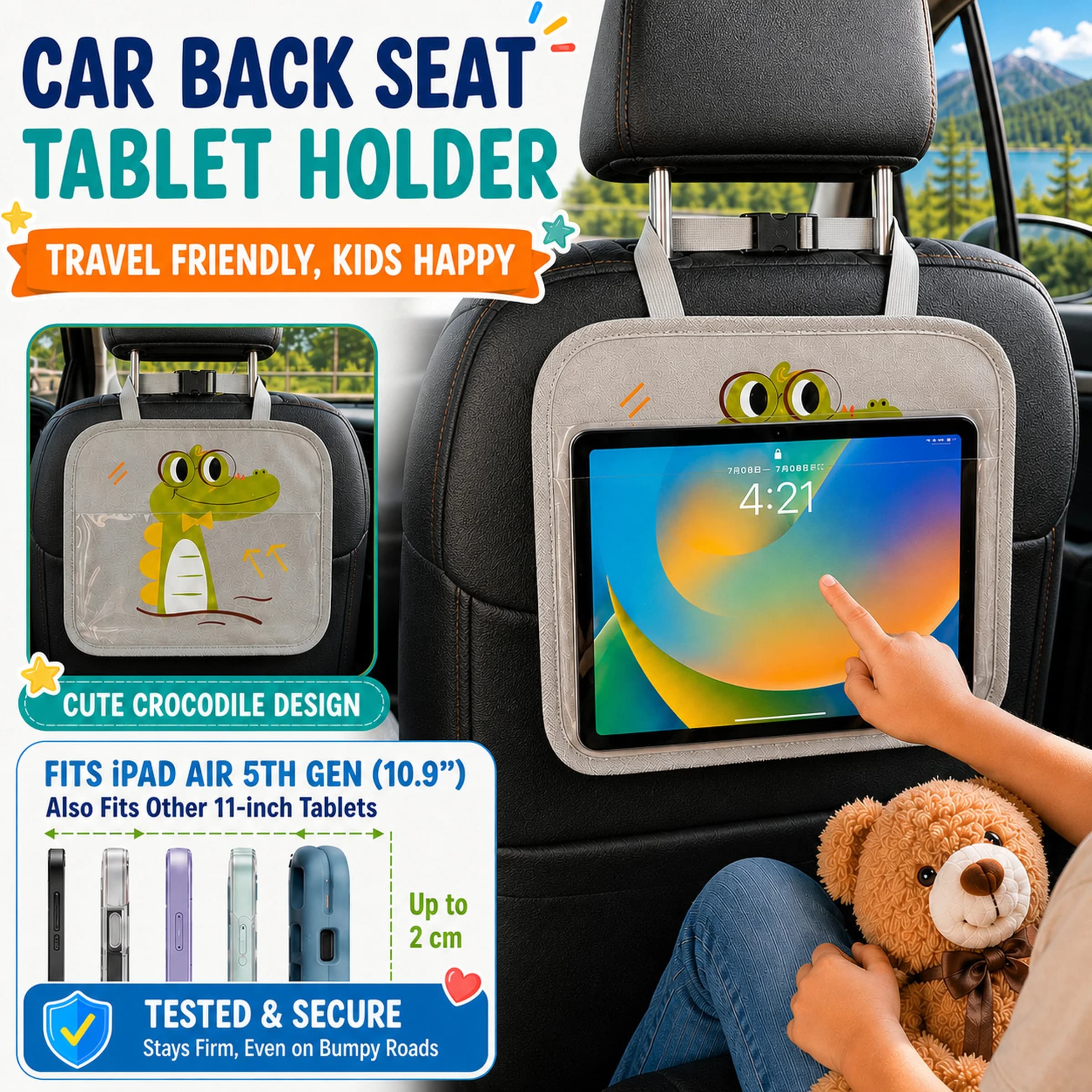 1 Pack Kids Car Backseat iPad Holder – Hands-Free Tablet Mount with Touchscreen Pockets for Healthy Viewing and Travel Entertain