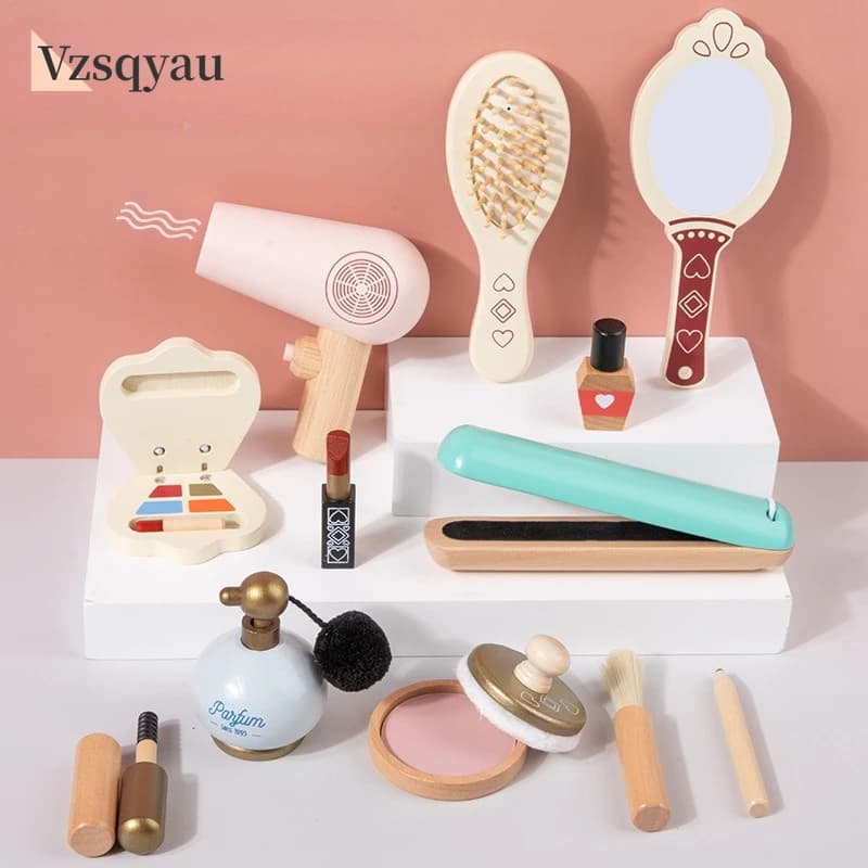 12 pz/set Kit di Trucco per Bambini in Legno Gioco di Ruolo Pettine per Capelli Spazzola Specchio Mascara Regali Giocattolo Set di Trucco con Borsa Cosmetica Ragazze Spogliatoio
