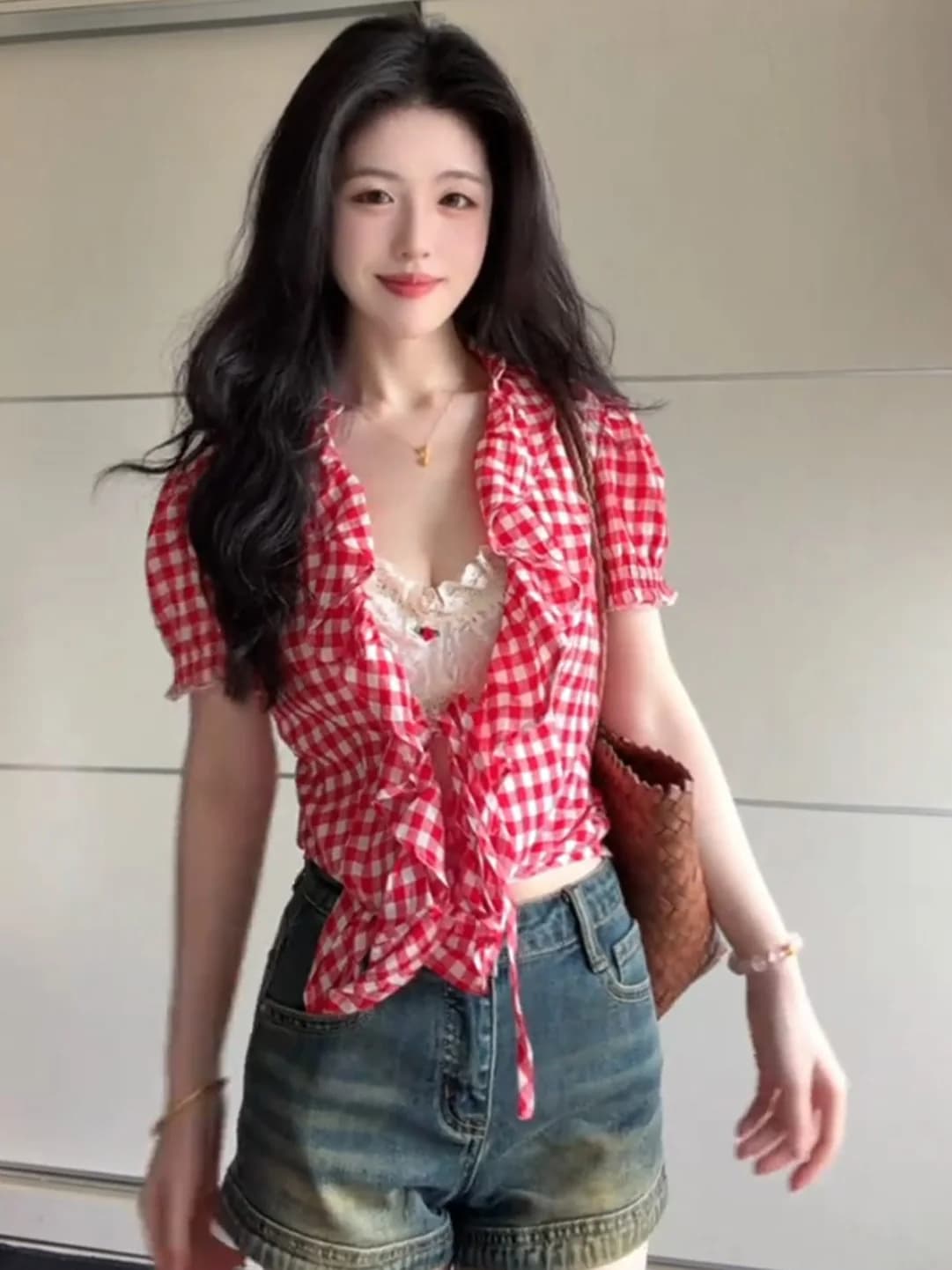 Red Plaid Short Sleeve Casual Shirt Women's Summer New Style Versatile Small Top Trendy Polyester Fiber V-neck Tie Waist