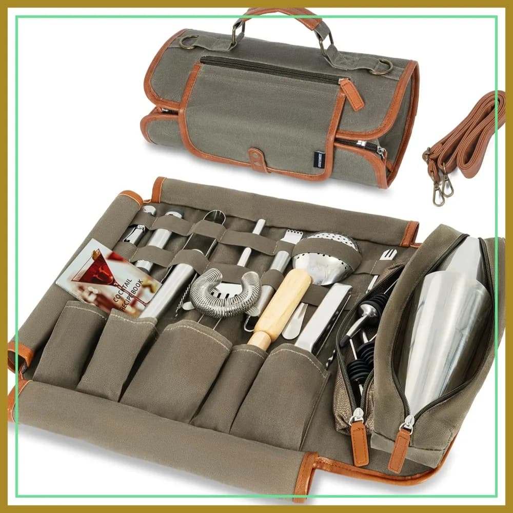 Borsa Kit da Barman da Viaggio con Set Shaker per Cocktail da 22 Pezzi, Borsa Portatile in Tela Cerata con Utensili da Bar in Acciaio Inossidabile