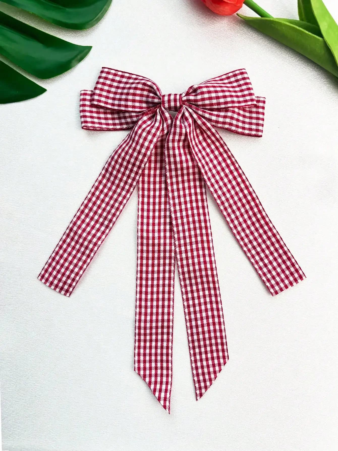 Fermaglio per capelli con fiocco rosso a quadretti per donna, accessorio da festa con coda lunga in raso