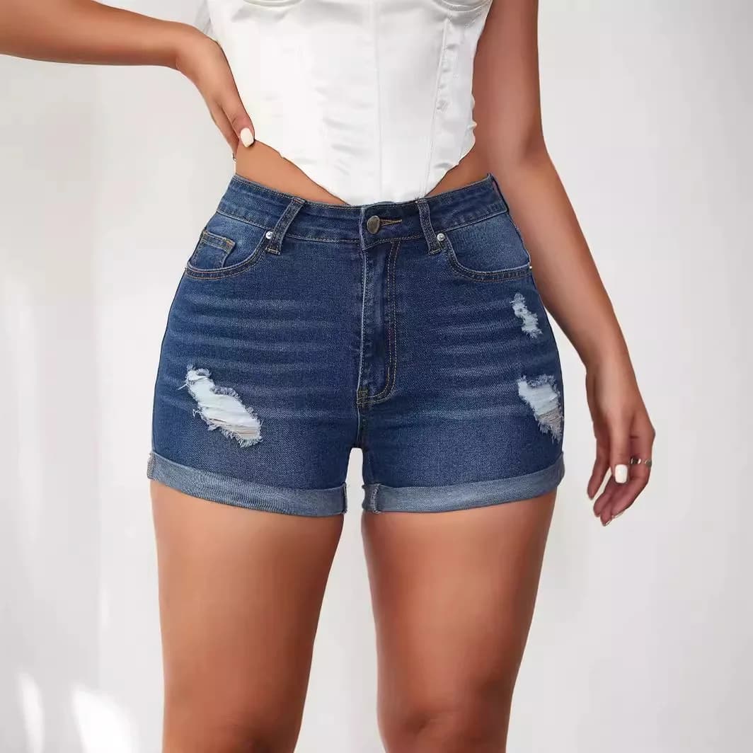 Summer 2025 Women's Denim Shorts High Waist Street Style Micro Stretch High Waist Shorts with Cuffed Hem And Hole Design