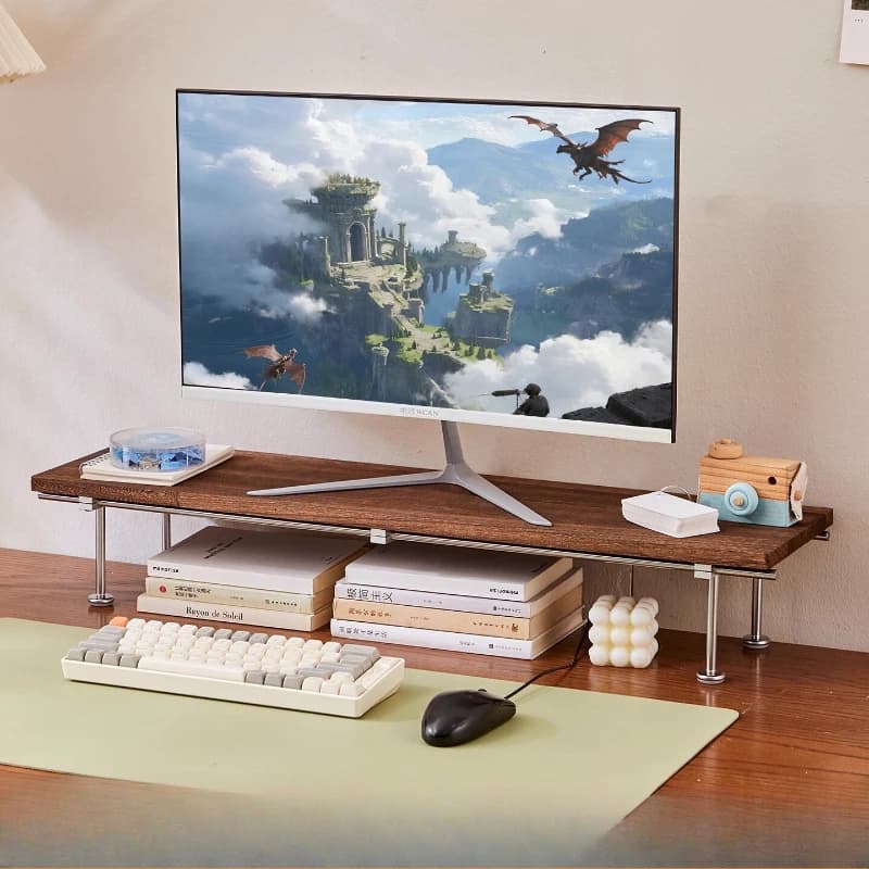 Support for solid wood monitor with smooth metal rods Support for storing computer screen Organizer for office desk shelf
