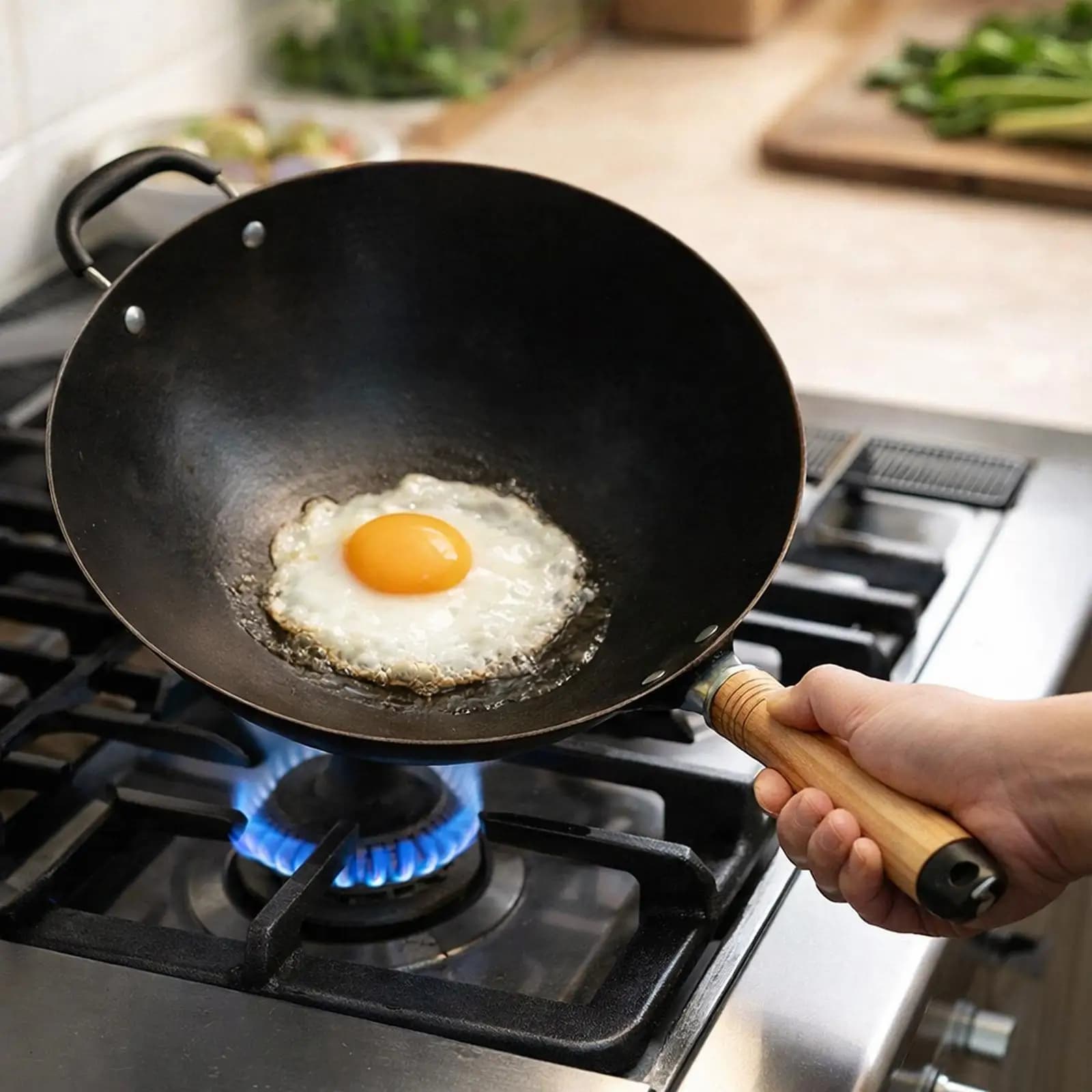 Wok, Utensile da Cucina Multifunzionale Compatto, Padella in Ferro Forgiata a Mano, Wok Cinese per Campeggio, Cucina, Stir-Fry