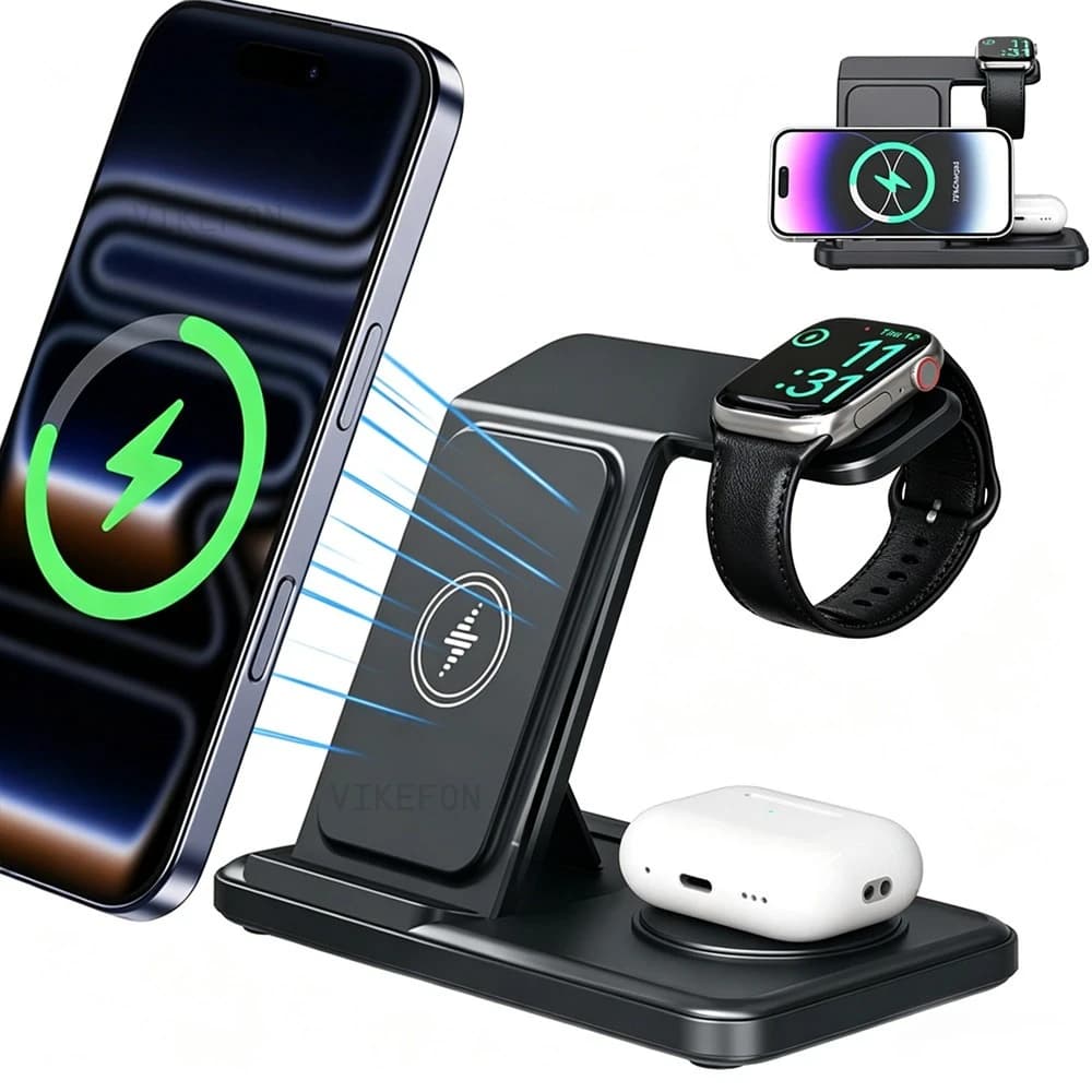 3 in 1 Fast Wireless Charger Stand For iPhone 17 16 15 14 13 12 Pro Max Apple Watch 11-2 Airpods Pro Desk Fast Charging Station