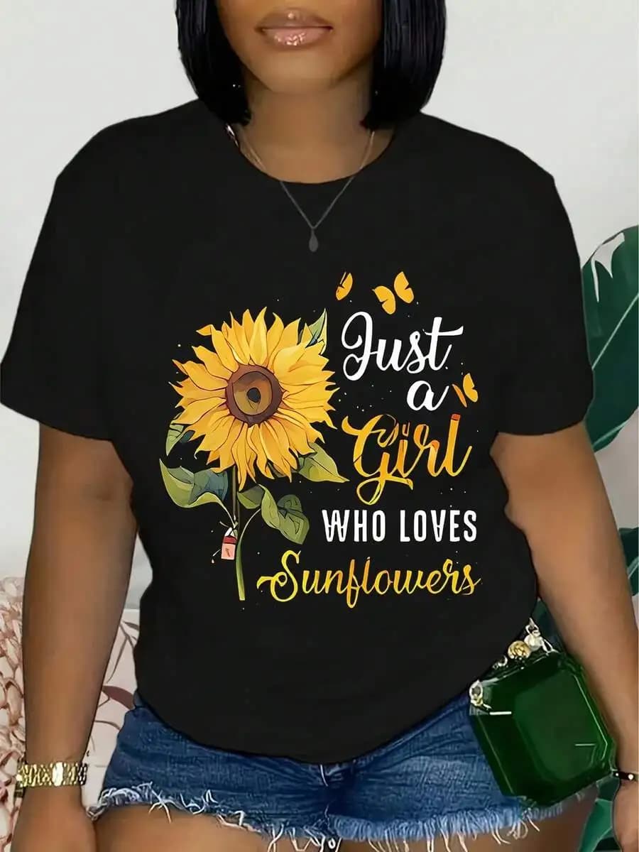 Just A Girl Who Loves Sunflowers T-shirt casual da donna con stampa girocollo e maniche corte