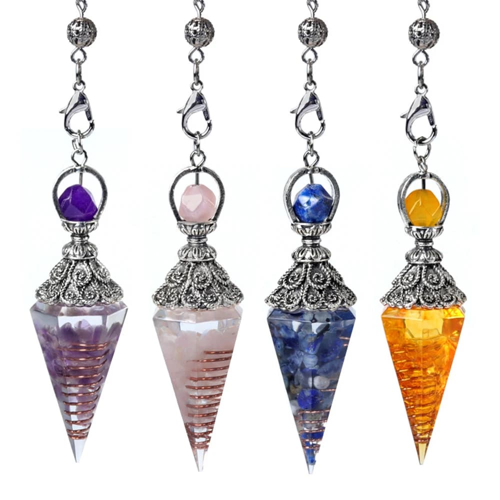 Pendolo in resina per Dowsing Orgone Pendolo 6 Sfaccettato Esagonale Punta Chakra di Cristallo Naturale Chip Cono di Pietra Pendolo Spirituale