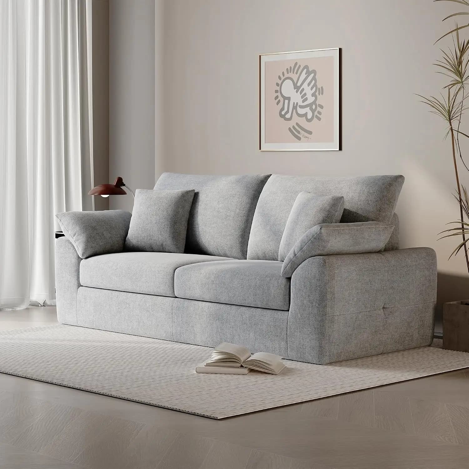90" Boneless Loveseat, Polyester 2-Seater with 4 Pillows, No Assembly, High Density Foam, Pillow Armrest, Grey, Customized