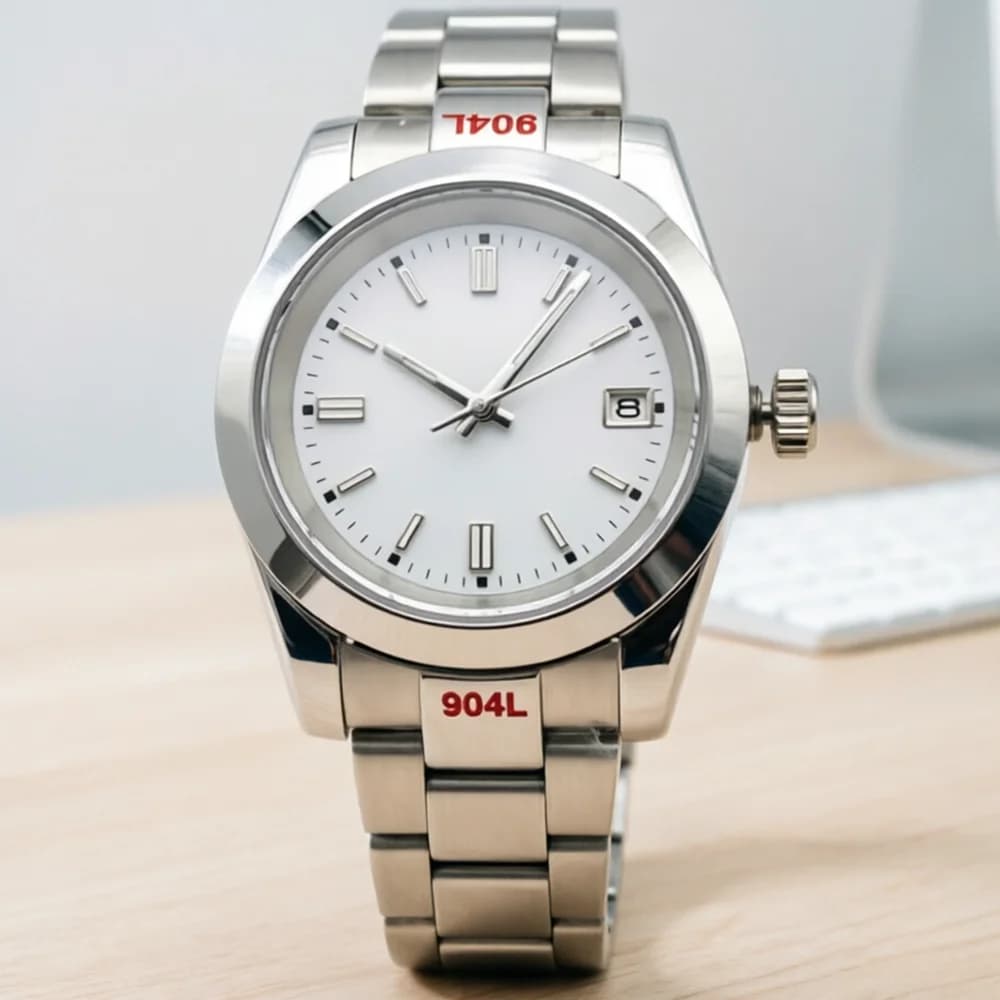 Orologio Meccanico Automatico da Uomo 39mm in Acciaio 904L, Nuovo NH35, Quadrante Bianco, Vetro Zaffiro, Luminoso, Impermeabile, Orologio da Polso Business