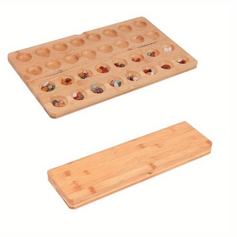 Portable Folding Wooden Mancala Board Game Set with Multi-Colored Glass Stones and Gemstone Chess Pieces, Perfect for Family Fun