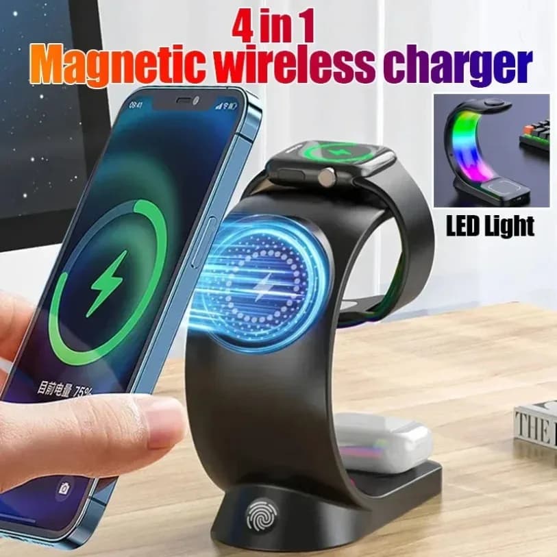 Magnetic Wireless Charger 4 in 1 Phone Support 30 W LED Light for iPhone 17-12 Pro Max iWatch 8 7 AirPods Quick Charging Station
