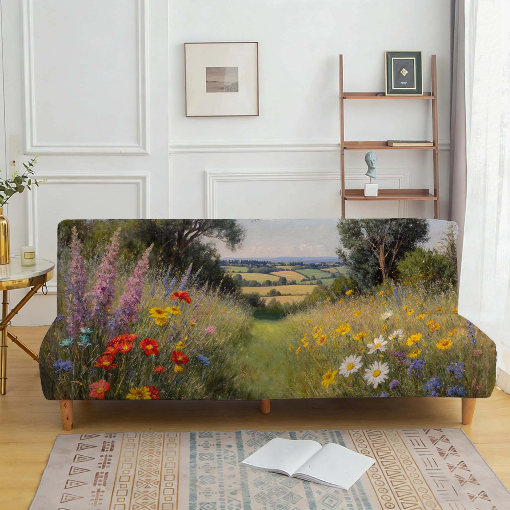 Grassland flower sea sofa bed cover, non-slip and anti-grab furniture protective cover, easy installation, machine washable