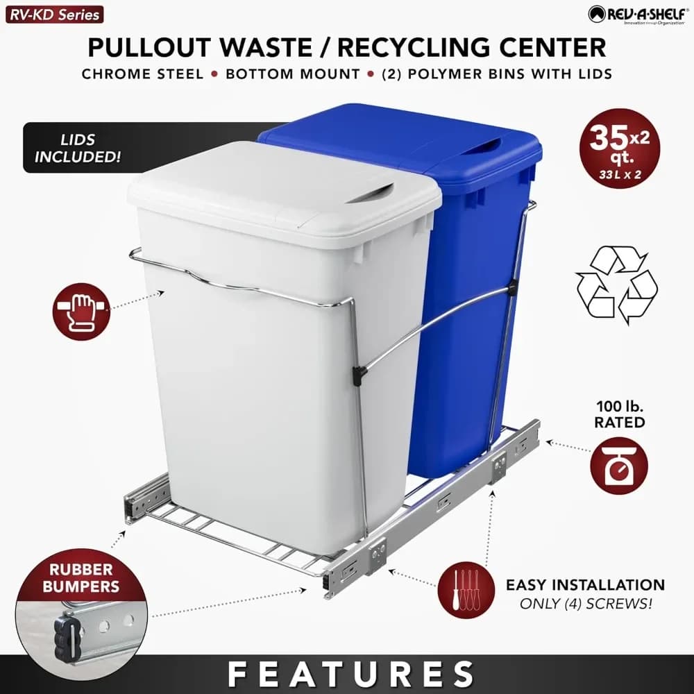 Cestino per Rifiuti a Doppia Estraizione per Mobili da Cucina, Contenitore per Riciclaggio da 35 Qt con Scorrimento Completo, Blu/Bianco