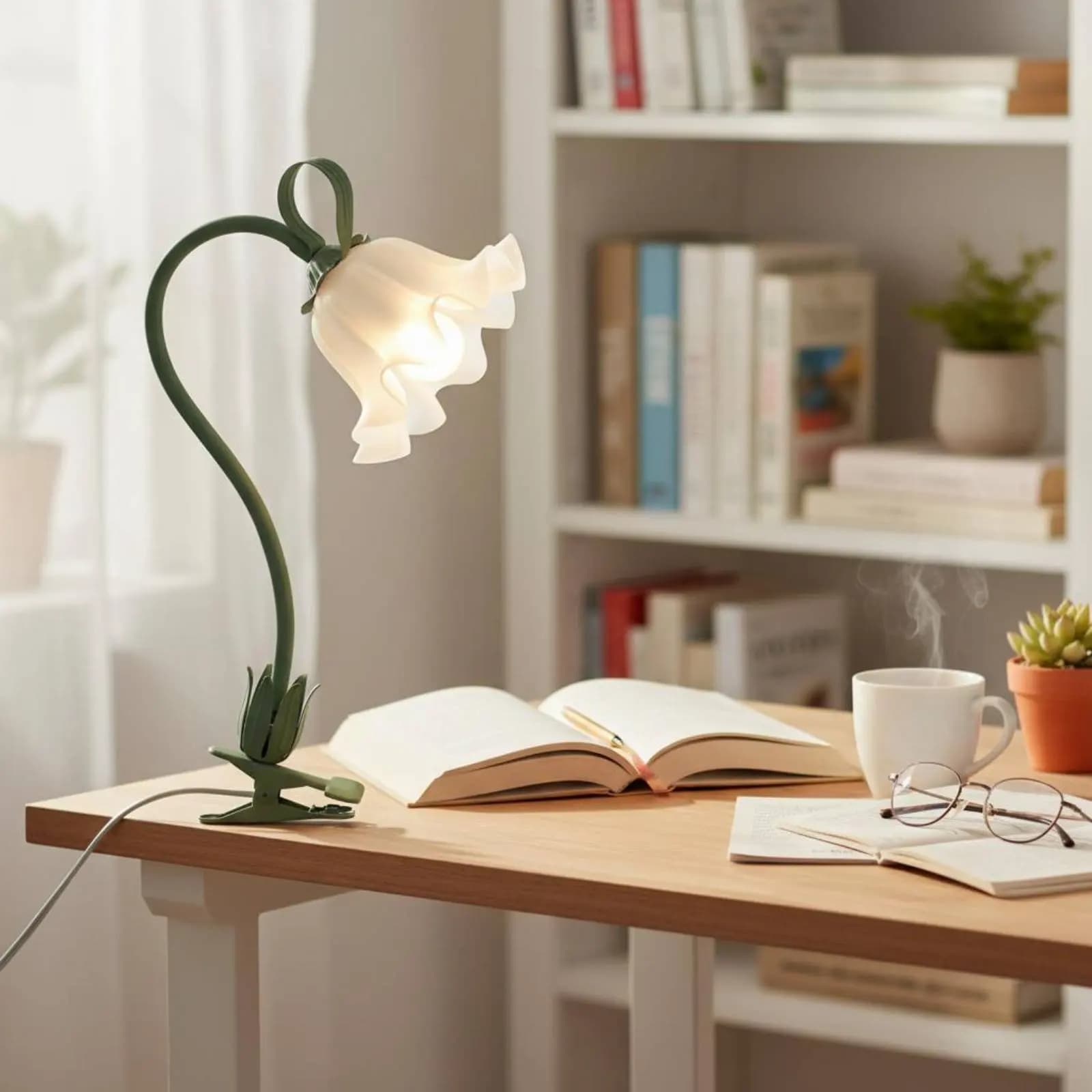 Lampada da Tavolo a Forma di Fiore Verde, Luce Notturna Decorativa con Clip, Illuminazione Interna Salvaspazio per Comodino, Arredamento Camera