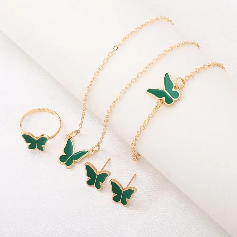 Elegance Style Butterfly Jewelry Set Dripping Oil Fashion Heart Necklace Ring Set Creative Artistic Design